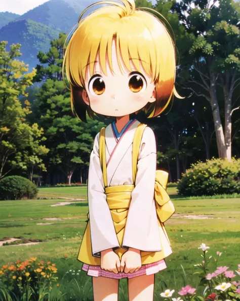 1boy, solo, blush, standing,  outdoors, cowboy shot, 
 <lora:nyannyan:0.6>, (nyannyan, multicolored hair, brown eyes, gold hair, short hair, child), blonde hair, japanese clothes,  
 <lora:Ichigo Mashimaro:0.6>, ichigo mashimaro, short hair, brown hair, skirt, blonde hair, looking at viewer, hair ornament, dress,