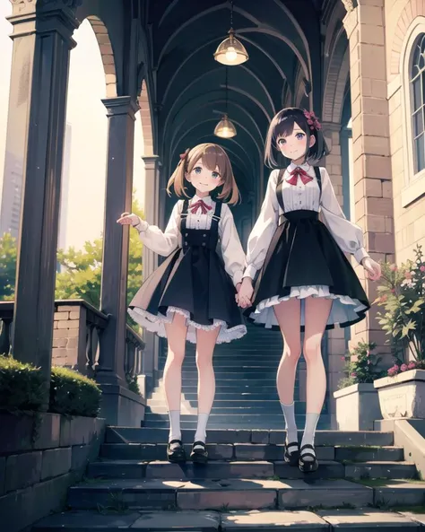 light smile, outdoors, 2girls,
<lora:Kanzaki Hiro:0.6>, frilled dress, frilled skirt, socks, mary janes, lace trim,