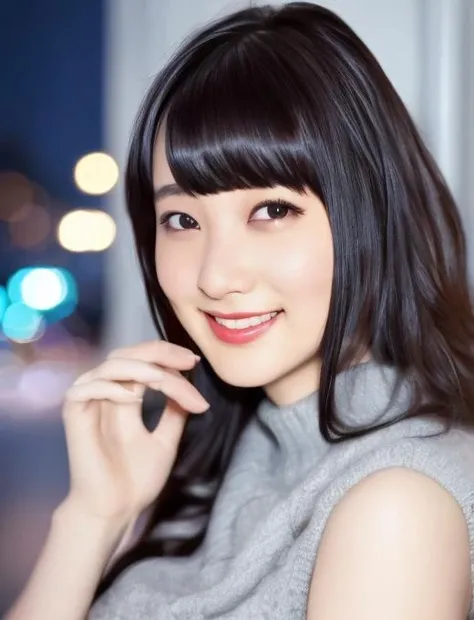 nanamin,(wearing sleeveless sweater, exposed cleavage), (RAW photo, best quality), (realistic, photo-realistic:1.4), masterpiece, an extremely delicate and beautiful, extremely detailed, 2k wallpaper, Amazing, finely detail, extremely detailed CG unity 8k wallpaper, ultra-detailed, highres, soft light, beautiful detailed girl, extremely detailed eyes and face, beautiful detailed nose, beautiful detailed eyes,cinematic lighting,city lights at night,perfect anatomy,slender body,smiling,(close up:1.1), <lora:nanami-07:1>,