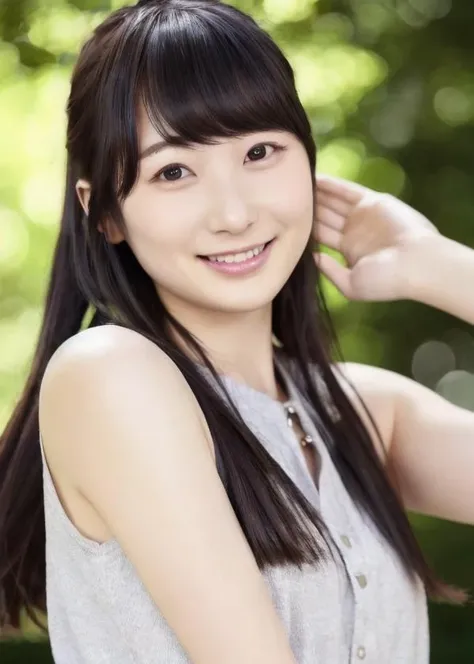 nanamin, (long hair,) best lighting, (RAW photo, best quality), (realistic, photo-realistic:1), masterpiece, an extremely delicate and beautiful, extremely detailed, 4k wallpaper, Amazing, finely detail, extremely detailed CG unity 8k wallpaper, ultra-detailed, highres, soft light, beautiful detailed girl, detailed face, extremely detailed face, extremely detailed eyes and face, beautiful detailed nose, beautiful detailed eyes, slender body, <lora:nanami-11:0.75> ,wearing simple shirt, smile, dynamic, closeup shot, look at camera, oversized shirt, sleeveless, looking at camera, 