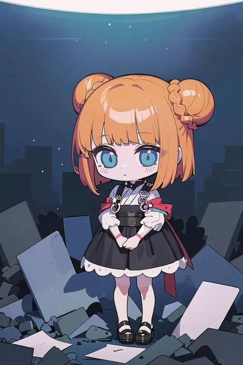 (masterpiece, best_quality, ultra-detailed, immaculate:1.3), epic, illustration, goth bad girl, 1girl, full body, [:outlandish costume design,:0.2], official art, , punk hair, rainbow hair, Twisted Bun,bob cut, dramatic slate blue lighting , in a desolate, Korean war-torn city, bombshell hair, ginger hair, French Roll, child carry<lyco:EnvyCuteMix09:1>