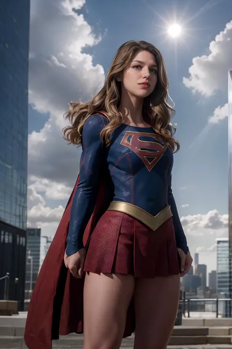 masterpiece, best quality, cinematic, volumetric lighting, very detailed, high resolution, sharp, sharp image, 4k, 8k, 35 mm,
<lora:Supergirl_MelissaBenoist_smf_lora_v04-000005:1>, 1girl, s0p3r6m3l1s4-smf, superhero, solo, cape, brown hair, realistic, bodysuit, skirt, blonde hair, arm up, buildings, sky, clouds, sun light