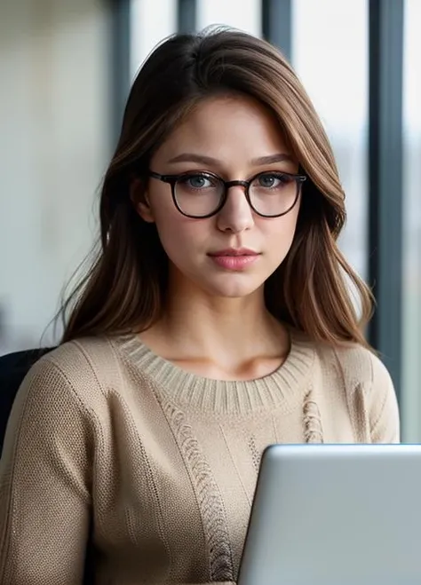 real, photoshoot, realistic, luminescent, atmospheric scene, masterpiece, best quality, (detail skin texture, ultra-detailed body:1.1), RAW photo, (high detailed skin:1.2), 8k uhd, dslr, film grain, Fujifilm XT3,
<lora:melissabenoist_smf_lora_02-000001:0.9>, 1girl, melissabenoist-smf, glasses, parted lips, long hair, indoors, realistic, sweater, holding, blurry, solo, window, lips, long sleeves, brown hair, blurry background, solo focus, chair, computer, blonde hair, upper body, black-framed eyewear, office, brown sweater, shirt, book, laptop