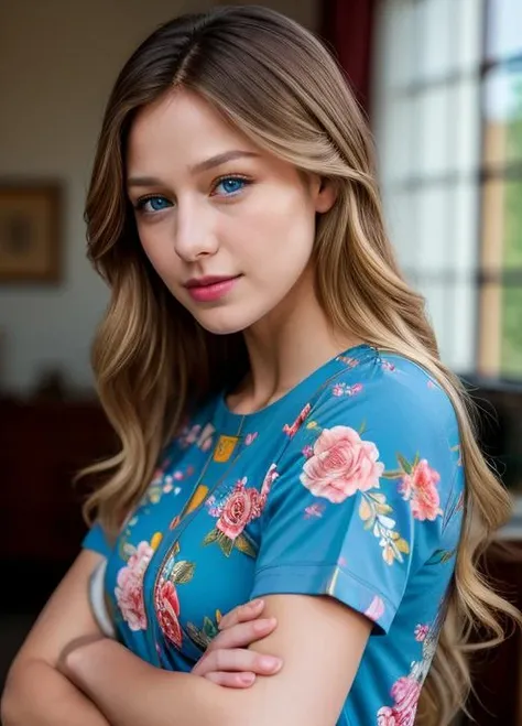 real, photoshoot, realistic, luminescent, atmospheric scene, masterpiece, best quality, (detail skin texture, ultra-detailed body:1.1), RAW photo, (high detailed skin:1.2), 8k uhd, dslr, film grain, Fujifilm XT3,
<lora:melissabenoist_smf_lora_02-000001:0.9>, 1girl, melissabenoist-smf, solo, photo background, blonde hair, long hair, realistic, smile, looking at viewer, blue eyes, parted lips, shirt, upper body, lips, blurry, blurry background, short sleeves, floral print