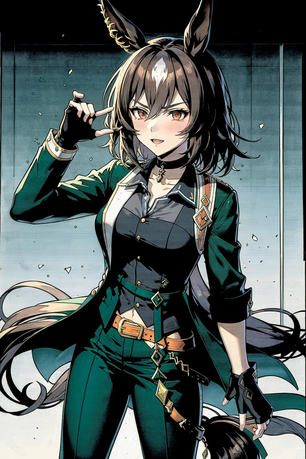 best quality, highly detailed, waist-up, <lora:umamusume_siriussymboli-10:.9> sirius symboli, horse ears, horse tail, green jacket, collared shirt, fingerless gloves, green pants, choker, belt <lora:Ghibli_v6:0.8> scenery,
