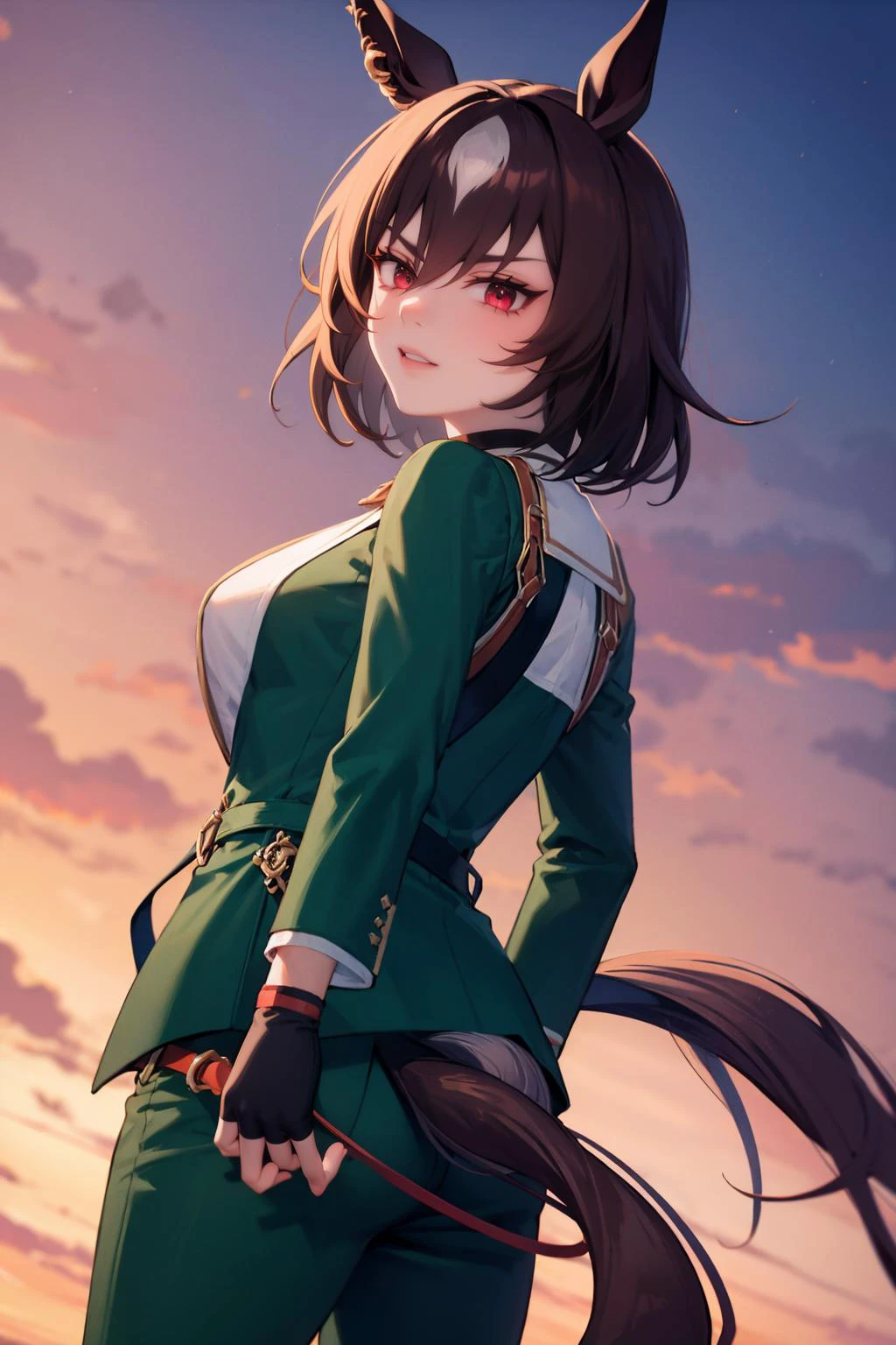 best quality, hands on ass, <lora:umamusume_siriussymboli-10:.9> sirius symboli, horse ears, horse tail, green jacket, collared shirt, fingerless gloves, green pants, choker, belt