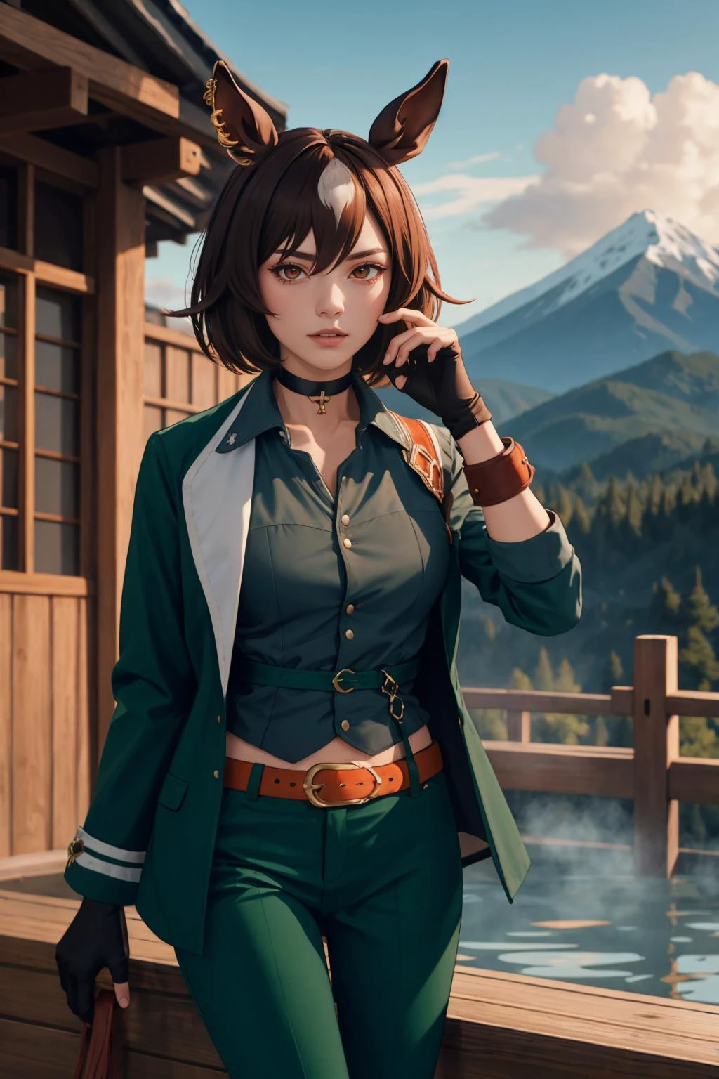 masterpiece, best quality, <lora:umamusume_siriussymboli-10:.9> sirius symboli, horse ears, horse tail, green jacket, collared shirt, fingerless gloves, green pants, choker, belt, mountains, onsen,