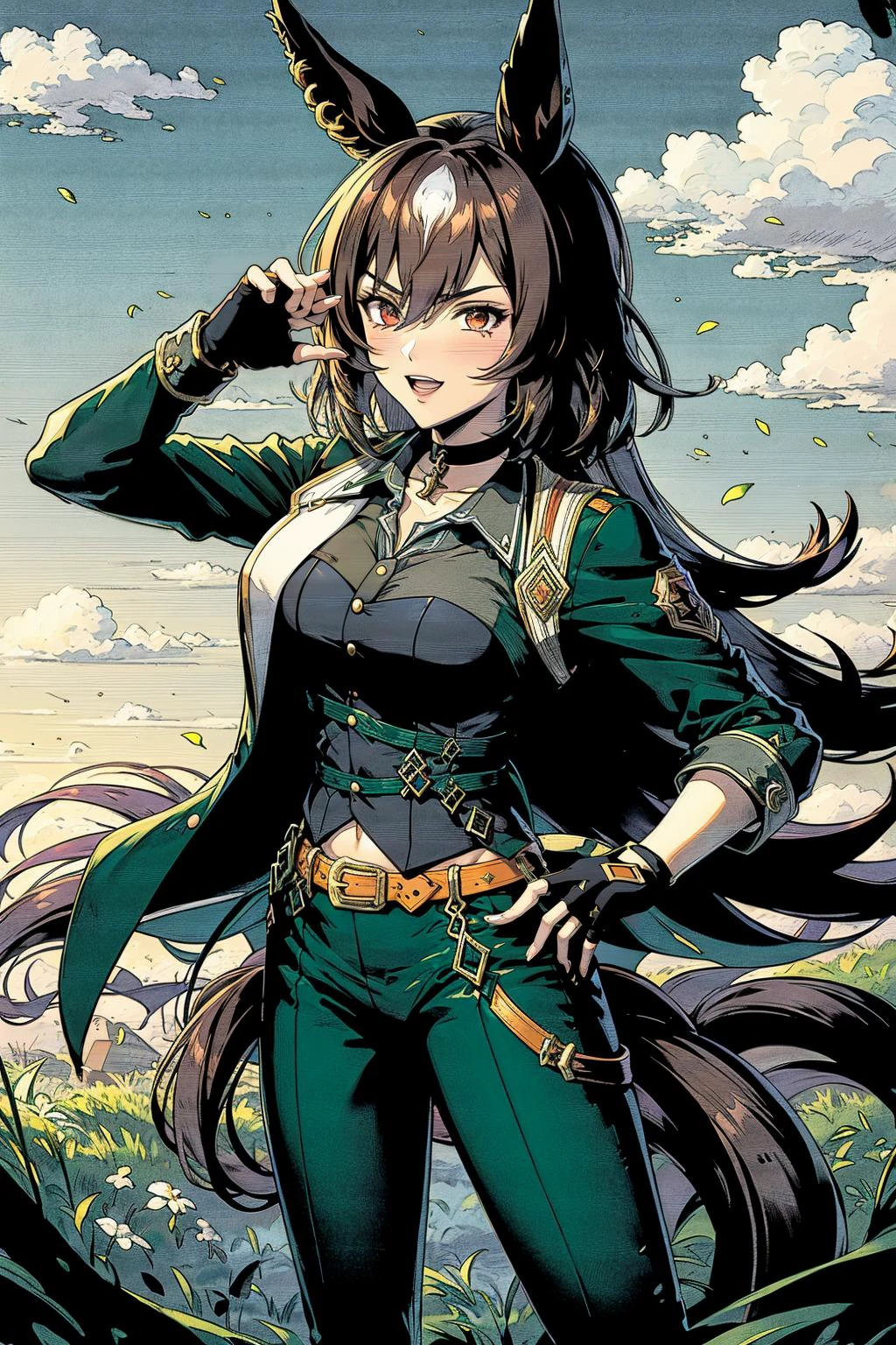 best quality, highly detailed, pinup, <lora:umamusume_siriussymboli-10:.9> sirius symboli, horse ears, horse tail, green jacket, collared shirt, fingerless gloves, green pants, choker, belt <lora:Ghibli_v6:0.8> scenery,