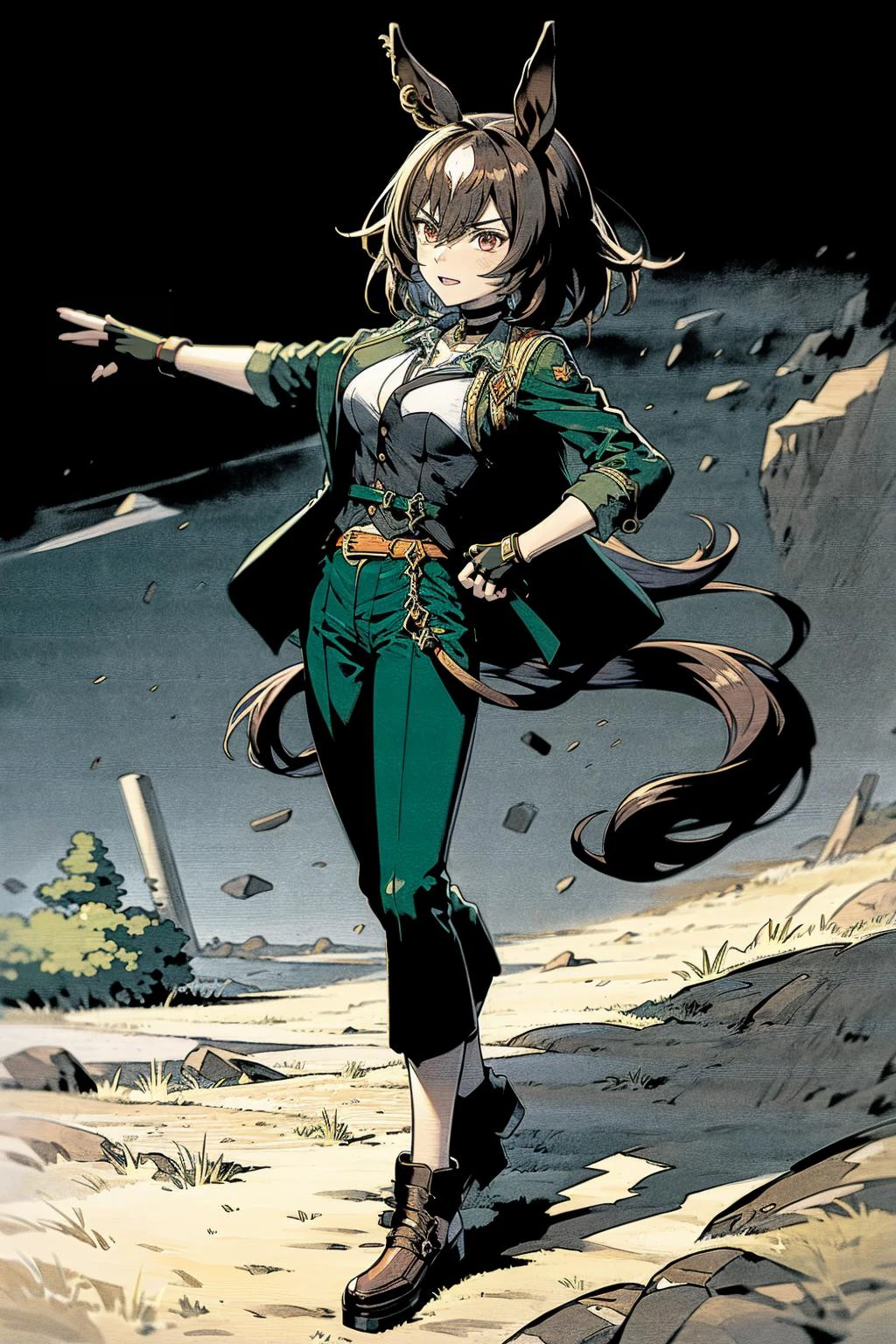 best quality, highly detailed, performance, <lora:umamusume_siriussymboli-10:.9> sirius symboli, horse ears, horse tail, green jacket, collared shirt, fingerless gloves, green pants, choker, belt <lora:Ghibli_v6:0.8> scenery,