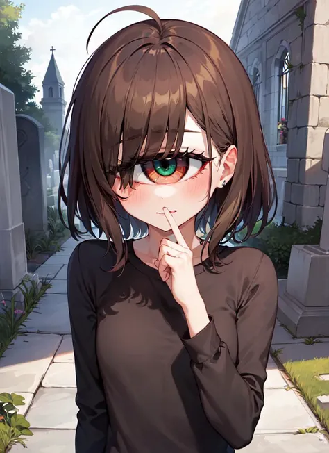 ((best quality)), ((highly detailed)), absurdres, (detailed eyes, deep eyes), (1girl), dynamic pose, upper body<lora:cyclops_cpt_v01:.8>, (cyclopscpt, (cyclops), one-eyed), Metallic green eyes, brown hair, bed head hair, small breasts, (outside, in a graveyard, afternoon)