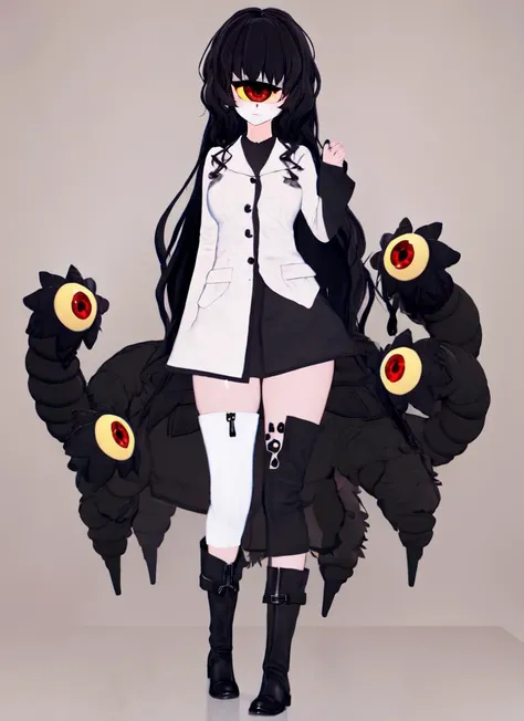 ((best quality)), ((highly detailed)), , (1girl), dynamic pose, full body, wide shot, ((gogo boots)), <lora:aiomonstergirls_aiov4LoraLycoris:1>, ((gazer)), black hair, very long hair, <lora:cyclops_cpt_v01:1>, cyclopscpt, (cyclops), one-eyed, yellow colored sclera, redcolored eyes, tentacles, extra eyes, <lora:coloredSkin:0.4>, (colored skin, grey skin), medium breasts, (indoors, at a hospital room), <lora:koikatsu_lora:1>, koikatsu, ((simple background))