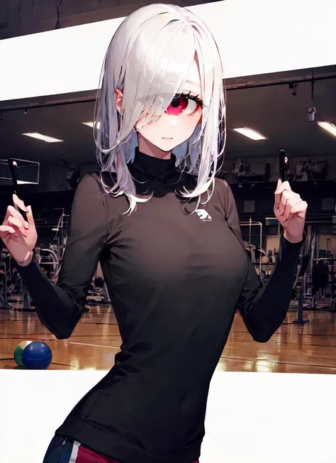 ((best quality)), ((highly detailed)), masterpiece, absurdres, extremely detailed face, beautiful face, (detailed eyes, deep eyes), (1girl), <lora:slim_tall-plump_short:-1.5>, upper body<lora:cyclops_cpt_v01:1>, (cyclopscpt, (cyclops), one-eyed), pink eyes, white hair, medium hair, medium breasts, pullover, (inside, in a gymnasium)