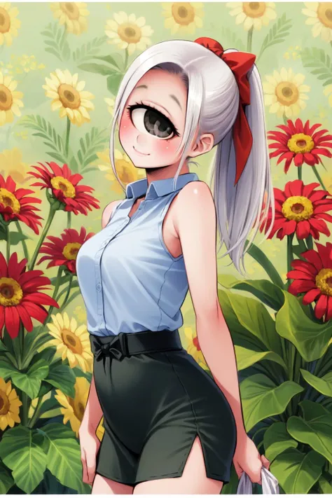 cyclopscpt, cowboy shot, solo, 1girl, looking up, smile, blush, medium breasts, white hair, folded ponytail, grey eyes, dark green sleeveless shirt, sunbeam, Philodendron \(flower\), floral background <lora:cyclops_cpt_v01:1>  <lora:mino_tarou_loveplus_style_v01:1>
