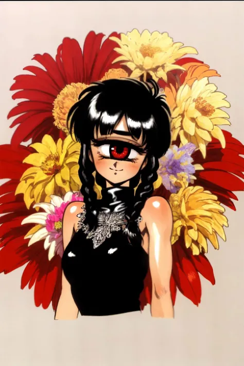 cyclopscpt, cowboy shot, solo, 1girl, looking up, smile, blush, medium breasts, dark grey hair, braided bangs, cream eyes, silver sleeveless turtleneck, frontlighting, Dahlia \(flower\), floral background <lora:cyclops_cpt_v01:1> 20thshirow, <lora:Shirow_Masamune_style_v01:1>