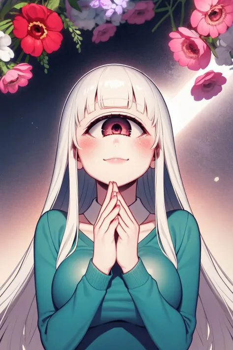 cyclopscpt, upper body, solo, 1girl, looking up, smile, blush, medium breasts, silver hair, diagonal bangs, aqua eyes, light grey pullover, god rays, Phlox \(flower\), floral background <lora:cyclops_cpt_v01:1> <lora:naomura_tooru_style_v01:0.8>