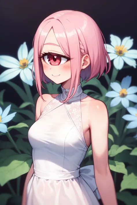 cyclopscpt, upper body, solo, 1girl, looking away, smile, blush, medium breasts, pink hair, flattop, silver eyes, white dress, bright, Centaurea_cyanus \(flower\), floral background <lora:cyclops_cpt_v01:1>