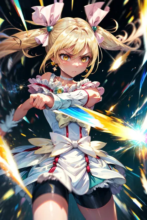 masterpiece,best quality,1girl,cure echo,blonde hair,twintails,very long hair,hair ribbon,earrings,arm warmers,brooch,choker,yellow eyes,shorts under skirt,white shorts,(serious),fighting stance,action pose,attack,motion lines,motion blur,blast,energy,light particles,cowboy shot,<lora:locon_cure_echo_01:0.9>,<lora:Concept-control tool-add_detail-CyberAIchemist:0.3>,