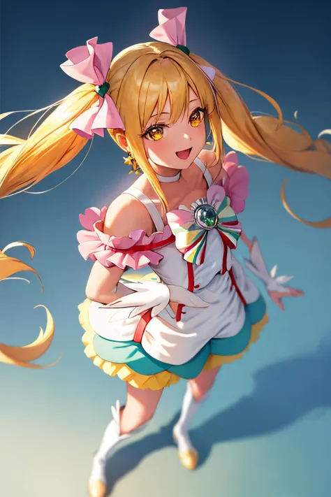 masterpiece, best quality, looking at viewer, depth of field, standing, open mouth, from above, 1girl, <lora:locon_cure_echo_01:0.95>, cure echo, blonde hair, twintails, hair ribbon, knee boots, earrings, arm warmers, brooch, choker, yellow eyes, shorts under skirt, white shorts, smile, ((gradient background)), lens flare,