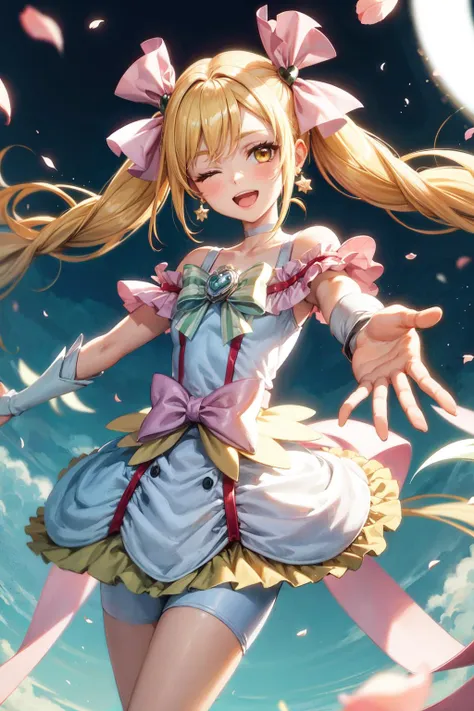 masterpiece,best quality,1girl,cure echo,blonde hair,twintails,very long hair,knee boots,hair ribbon,earrings,arm warmers,brooch,choker,yellow eyes,shorts under skirt,white shorts,smile,head tilt,open mouth,one eye closed,(spread arms,outstretched arms),floating hair,energy,light particles,(petals),cowboy shot,<lora:locon_cure_echo_01:0.9>,<lora:Concept-control tool-add_detail-CyberAIchemist:0.8>,