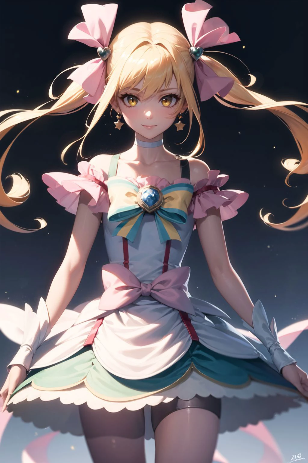 (((masterpiece))), (8k, high_resolution), extremely detailed CG, ((best quality)),
cinematic lighting, dynamic lighting,
<lora:w<w[S:0.1>,
shiny skin,
beautiful eyes and detailed face,
((1girl,solo)),
smile,
CURE ECHO,
BLONDE HAIR, TWINTAILS, HAIR RIBBON, KNEE BOOTS, EARRINGS, ARM WARMERS, BROOCH, CHOKER, YELLOW EYES, SHORTS UNDER SKIRT, WHITE SHORTS,
cowboy shot,
looking at viewer,
<lora:locon_cure_echo_01:0.8>,