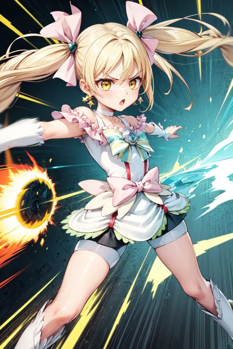 masterpiece,best quality,1girl,cure echo,blonde hair,twintails,hair ribbon,knee boots,earrings,arm warmers,brooch,choker,yellow eyes,shorts under skirt,white shorts,(serious,:o),fighting stance,action pose,attack,motion lines,motion blur,blast wave,light particles,<lora:locon_cure_echo_01:0.9>,<lora:Concept-control tool-add_detail-CyberAIchemist:0.8>,