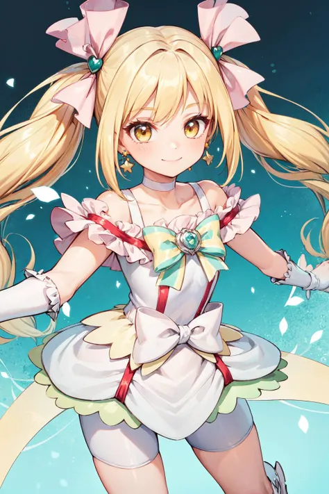 masterpiece,best quality,1girl,cure echo,blonde hair,twintails,hair ribbon,knee boots,earrings,arm warmers,brooch,choker,yellow eyes,shorts under skirt,white shorts,smile,dynamic pose,dutch angle,multicolored background,light particles,<lora:locon_cure_echo_01:0.9>,<lora:Concept-control tool-add_detail-CyberAIchemist:0.8>,