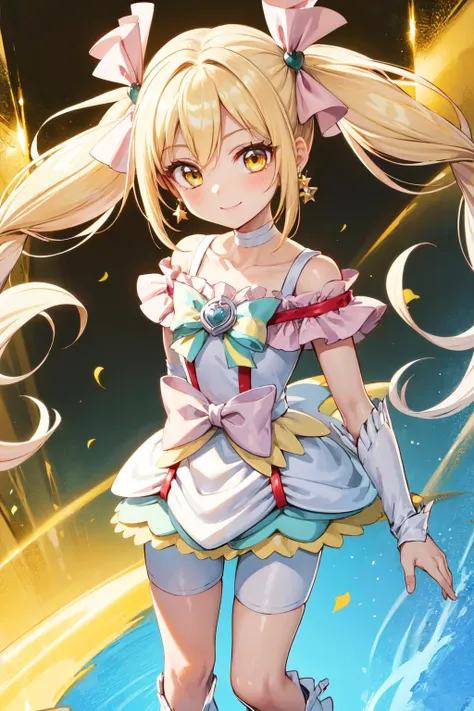 masterpiece,best quality,1girl,cure echo,blonde hair,twintails,hair ribbon,knee boots,earrings,arm warmers,brooch,choker,yellow eyes,shorts under skirt,white shorts,smile,multicolored background,light particles,<lora:locon_cure_echo_01:0.9>,<lora:Concept-control tool-add_detail-CyberAIchemist:0.3>,