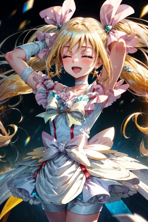 masterpiece,best quality,1girl,cure echo,blonde hair,twintails,very long hair,knee boots,hair ribbon,earrings,arm warmers,brooch,choker,shorts under skirt,white shorts,smile,open mouth,closed eyes,arms up,energy,light particles,cowboy shot,<lora:locon_cure_echo_01:0.9>,<lora:Concept-control tool-add_detail-CyberAIchemist:0.3>,