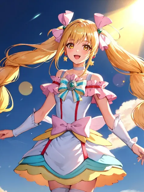 masterpiece, best quality, looking at viewer, depth of field, standing, open mouth, 
1girl, <lora:locon_cure_echo_01:0.9>, cure echo, blonde hair, twintails, hair ribbon, knee boots, earrings, arm warmers, brooch, choker, yellow eyes, shorts under skirt, white shorts, 
smile, ((gradient background)), lens flare,