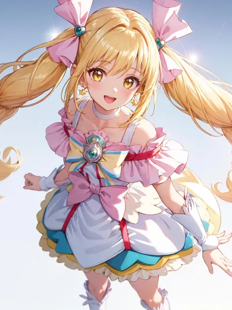 masterpiece, best quality, looking at viewer, depth of field, standing, open mouth, from above, 
1girl, <lora:locon_cure_echo_01:0.95>, cure echo, blonde hair, twintails, hair ribbon, knee boots, earrings, arm warmers, brooch, choker, yellow eyes, shorts under skirt, white shorts, 
smile, ((gradient background)), lens flare,