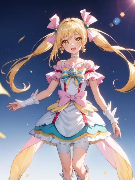 masterpiece, best quality, looking at viewer, depth of field, standing, open mouth,
1girl, <lora:locon_cure_echo_01:0.95>, cure echo, blonde hair, twintails, hair ribbon, knee boots, earrings, arm warmers, brooch, choker, yellow eyes, shorts under skirt, white shorts, 
smile, ((gradient background)), lens flare,