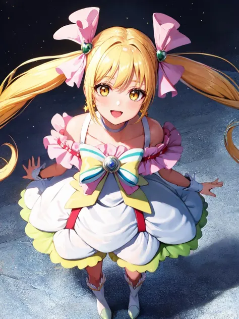 masterpiece, best quality, looking at viewer, depth of field, standing, open mouth, from above, 
1girl, <lora:locon_cure_echo_01:0.95>, cure echo, blonde hair, twintails, hair ribbon, knee boots, earrings, arm warmers, brooch, choker, yellow eyes, shorts under skirt, white shorts, 
smile, ((gradient background)), lens flare,