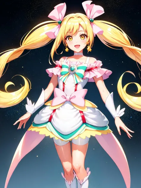 masterpiece, best quality, looking at viewer, depth of field, standing, open mouth, full body, 
1girl, <lora:locon_cure_echo_01:0.95>, cure echo, blonde hair, twintails, hair ribbon, knee boots, earrings, arm warmers, brooch, choker, yellow eyes, shorts under skirt, white shorts, 
smile, ((gradient background)), lens flare,