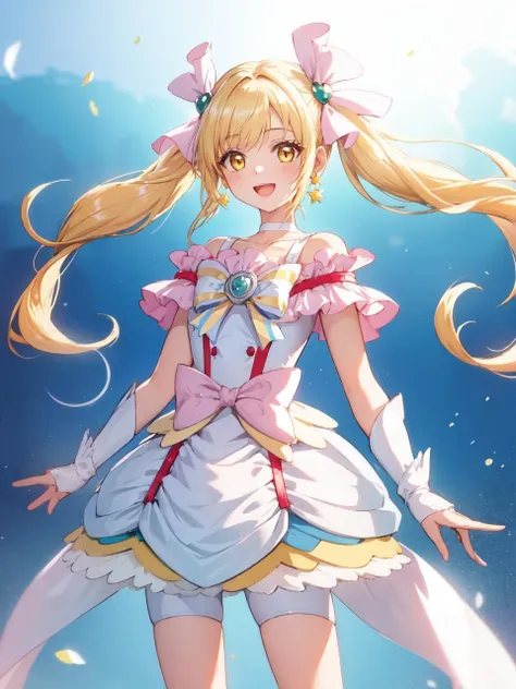 masterpiece, best quality, looking at viewer, depth of field, standing, open mouth,
1girl, <lora:locon_cure_echo_01:0.95>, cure echo, blonde hair, twintails, hair ribbon, knee boots, earrings, arm warmers, brooch, choker, yellow eyes, shorts under skirt, white shorts, 
smile, ((gradient background)), lens flare,