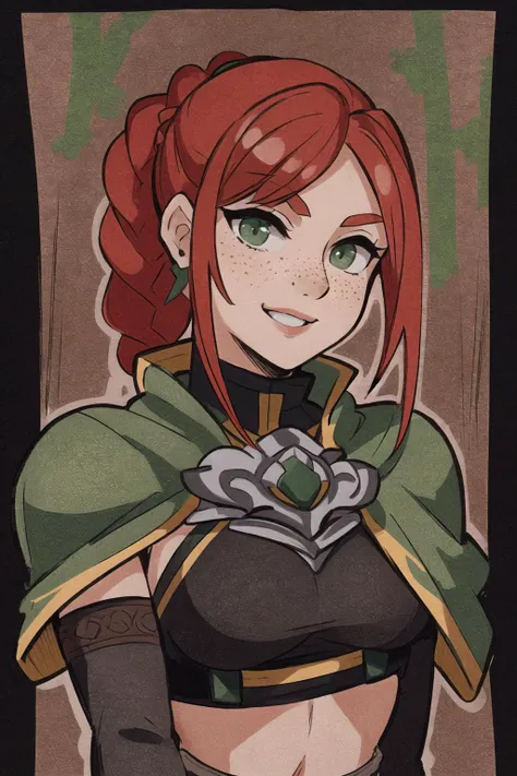 Cassie, red hair, bangs, braided ponytail , green eyes, freckles, solo, upper body, smiling, CasAtt,crop top, fingerless black elbow gloves, black thighhighs, green cape, armored shoes, short shorts, forest, morning, lake, (insanely detailed, beautiful detailed face, masterpiece, best quality) <lora:Cassie-10:.6>