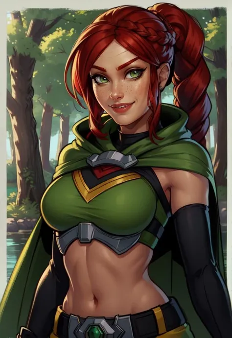 Cassie, red hair, bangs, braided ponytail , green eyes,  solo, smiling, looking at viewer, 
crop top, fingerless elbow gloves, short green cape,  short shorts, 
forest, morning, lake, (insanely detailed, beautiful detailed face, masterpiece, best quality)
 <lora:Cassie-10v5:0.7>