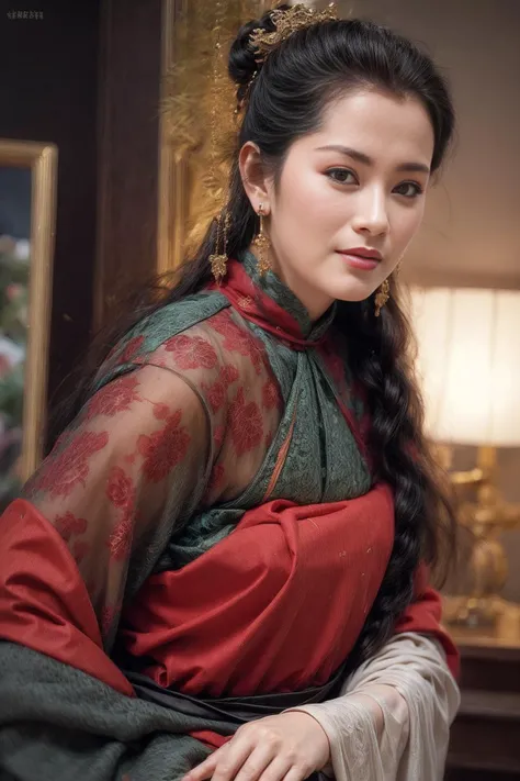 <lora:add_detail:1>,humid realistic skin,hyperdetailed,(raw photo:1.2),(photorealistic:1.2),outside,low light,dimly lit,tender scene,red lanterns,(girl dancing:0.6),(masterpiece, top quality, best quality, official art, beautiful and aesthetic:1.2),
(joshua middleton comic cover art:1.1),(Action painting:1.2),(concretism:1.2),theater dance scene,(hypermaximalistic:1.5),colorful,highest detailed,<lora:anxiang:0.55>,chinese ink painting style,splash,wonder,outline,intricate details,<lora:splashes_v.1.1:0.5>,apron,<lora:yuting_chiu:1>,dynamic pose,solo focus,high collar dress,Gorgeous mature women,classical beauty,intellectual beauty,Flowing long sleeves,flowing hair,<lyco:GoodHands-beta2:1>,nice hands,perfect hands,<lora:hairdetailer:1>,((face closeup)),Smile,