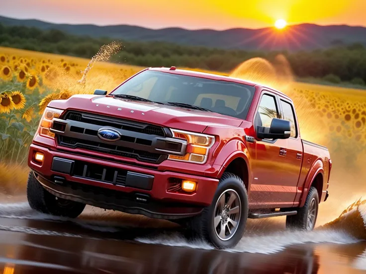a realistic of an action speed old school red ford f-150 truck driving through a field of sunflowers at sunset, water splashes and rocks from under the wheels <lora:splashes_v.1.1:1>