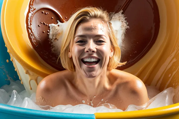 a beautiful sexy woman, drinking a bowl of cum, she is nude, she has cum all over her body and in her hair, she is very excited, cum drips off of her chin, she is giving a handjob, looks like Jennifer Lawrence, is very happy, smiling, cum on face