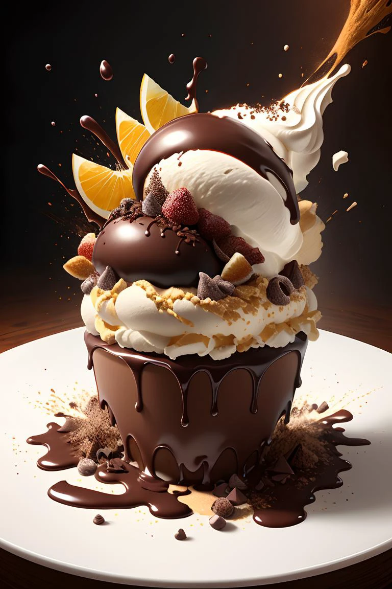 explosion of fruits and dark chocolate ice-cream, high detail, very realistic, bright environment <lora:splashes_v.1.1:0.8>