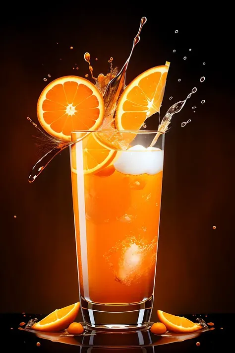 orange soft splashes wrap around a straight glass of orange soda, orange slices fly, black background <lora:splashes_v.1.1:1>