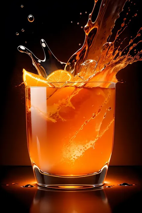 orange soft splashes wrap around a straight glass of orange soda, orange slices fly, black background <lora:splashes_v.1.1:1>