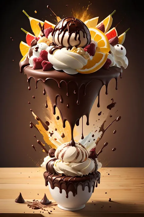 explosion of fruits and dark chocolate ice-cream, high detail, very realistic, bright environment <lora:splashes_v.1.1:1>