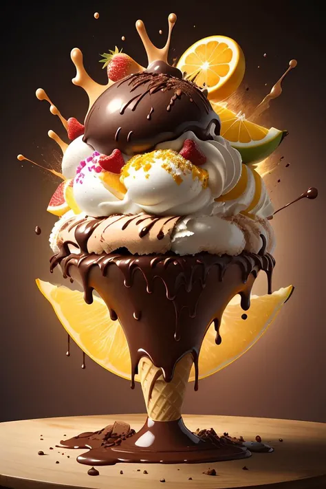 explosion of fruits and dark chocolate ice-cream, high detail, very realistic, bright environment <lora:splashes_v.1.1:1>