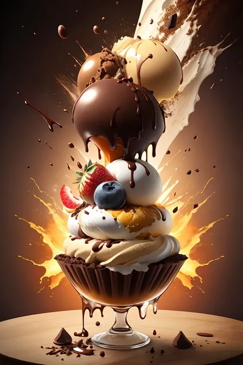 explosion of fruits and dark chocolate ice-cream, high detail, very realistic, bright environment <lora:splashes_v.1.1:1>