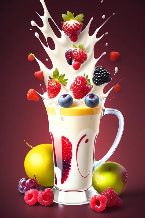mix fruit and berries, fruits splash milk ,dark simple background, <lora:splashes_v.1.1:1>