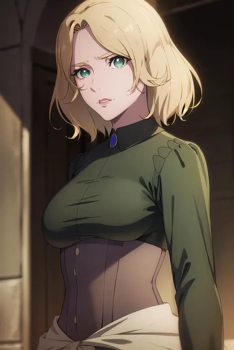 masterpiece, best quality, extremely detail 8k cg, high resolution, 1girl, hitch dreyse, blonde hair, emerald eyes, thin body, huge breasts, vagina, nipples, naked, choker, sitting, leaning forward, horny look, bedroom, chair, beautiful face, nsfw, medium full shot