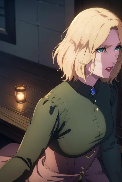 castlevaniatera, <lyco:castlevaniatera-lyco-nochekaiser:1>,
castlevaniatera, (green eyes:1.5), blonde hair, short hair, parted bangs, lipstick, red lipstick,
BREAK shirt, long sleeves, brooch, clothes around waist, black shirt, collar, corset,
BREAK looking at viewer, upper body, full body,
BREAK outdoors, night, sky,
BREAK <lyco:GoodHands-beta2:1>, (masterpiece:1.2), best quality, high resolution, unity 8k wallpaper, (illustration:0.8), (beautiful detailed eyes:1.6), extremely detailed face, perfect lighting, extremely detailed CG, (perfect hands, perfect anatomy),