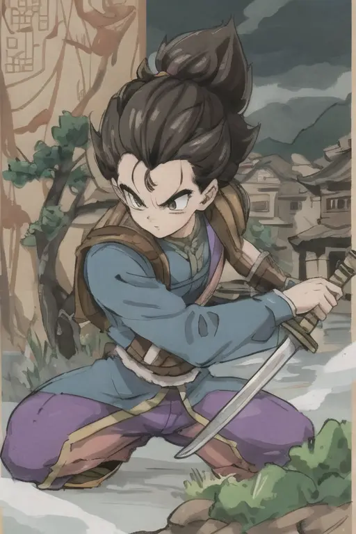 shuimobysim, vegeta, male, swordman,holding a sword(trees:0.5),(eagle:0.5), (bamboo:0.2) fighting stance, Hangzhou, wuchangshuo, wuchangshuo in background