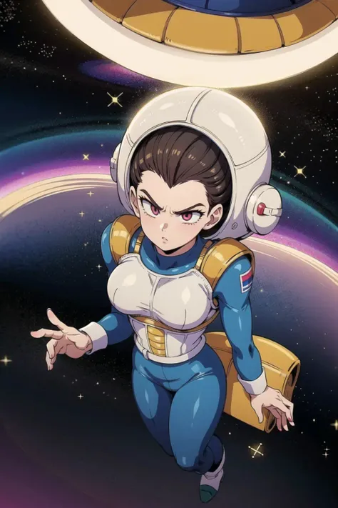 vegeta,astronaut,space,from_above,stars,jumping,serious,floating,afar,[spaceship:0.1],helmet,(jetpack),planets,colorful,lens_flare,flare (masterpiece,detailed,highres:1.4)